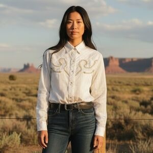VTG 80s Panhandle Slim Womens Western Shirt Sz 12 White Lace Gold Trim Prairie